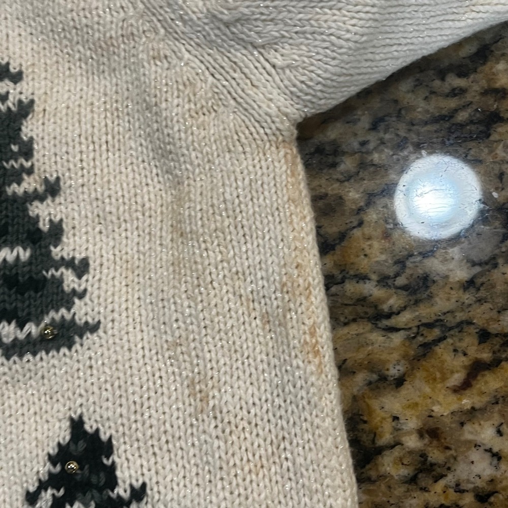 Christopher & Banks Christmas Tree Cardigan Sweater Womens L Cream Gold Beaded - Picture 7 of 10